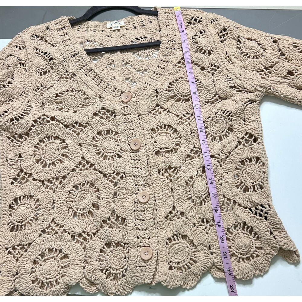 POL Crochet Cardigan Tan Boho Floral Button Front Open Knit Sweater Medium - Picture 6 of 10